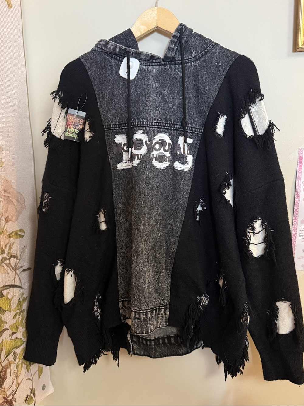 Distressed Black & Washed Gray Hooded Knit Jacket